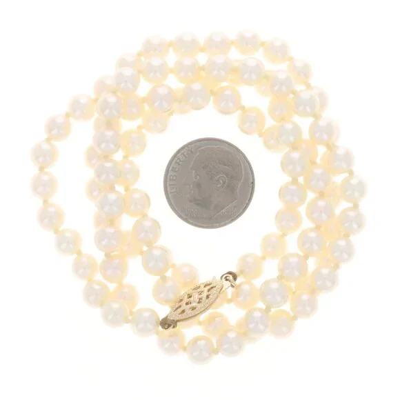 Yellow Gold Cultured Pearls Knotted Strand Necklace 24 1/4 14k